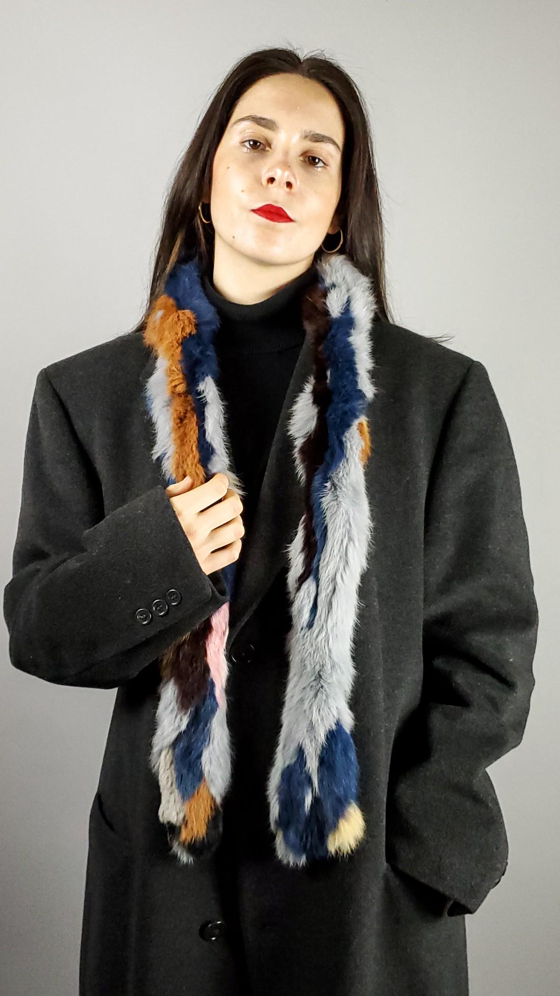 WOMENS REAL DYED MULTICOLOUR LAPIN FUR SCARF: Title: WOMENS REAL DYED MULTICOLOUR LAPIN FUR SCARF Dimension: Measurements:Length:145cm,57.09in; Width: 9cm3.54,in; Additional Information: We offer inhouse shipping - Express Fedex shipping = $45; 5