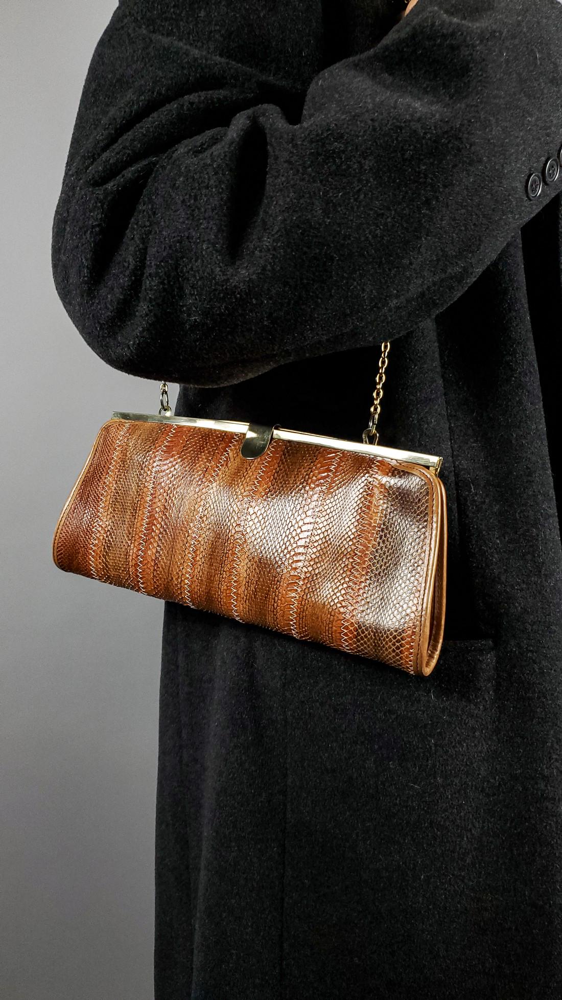 VINTAGE 50-60'S REAL BROWN SNAKE SKIN BAG (1 of 10)