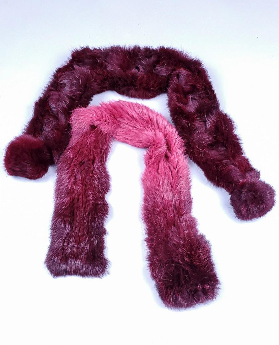 PAIR OF REAL DYED PINK-PURPLE LAPIN FUR SCARFS: Title: PAIR OF REAL DYED PINK-PURPLE LAPIN FUR SCARFS Dimension: Measurements:Length:75cm,29.52in; Width:10-8cm,394-3.14,in; Additional Information: We offer inhouse shipping - Express Fedex shipping 