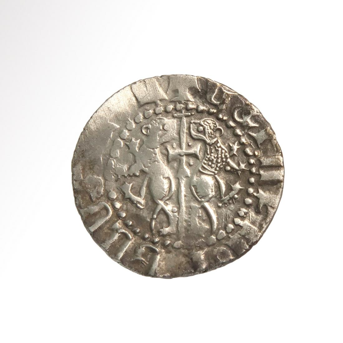 Medieval Crusaders Armenian Silver Tram, King Hetoum I,: Title: Medieval Crusaders Armenian Silver Tram, King Hetoum I, 1226 A.D. Date/Period: Crusaders, Armenia, 1226-1270 A.D. Dimension: 2 cm D - 3/4 inch Material: Silver, 2.8 grms Additional Information: