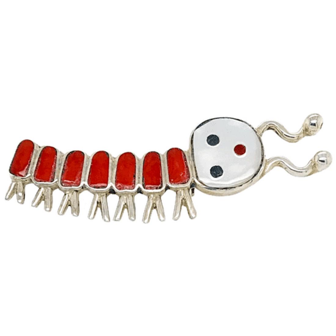 Zuni Coral Inlay Caterpillar Brooch Pin (1 of 6)