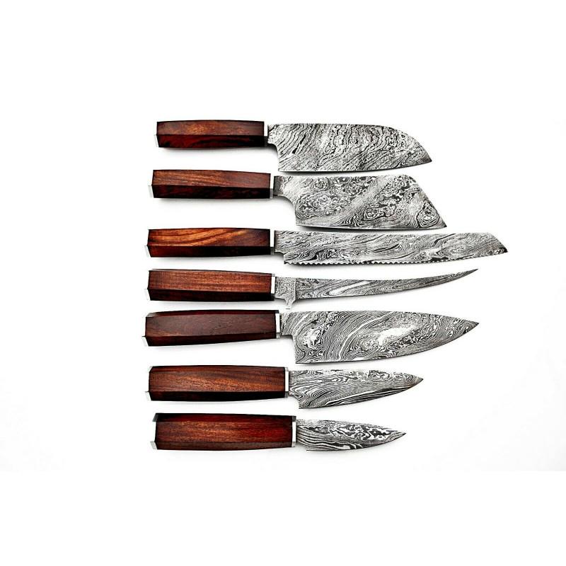 Set of 7 chef kitchen butcher damascus steel knife wood (1 of 6)