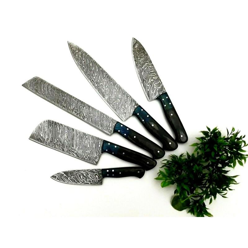 5 pcs SET kitchen chef damascus steel knife pakka wood (1 of 4)