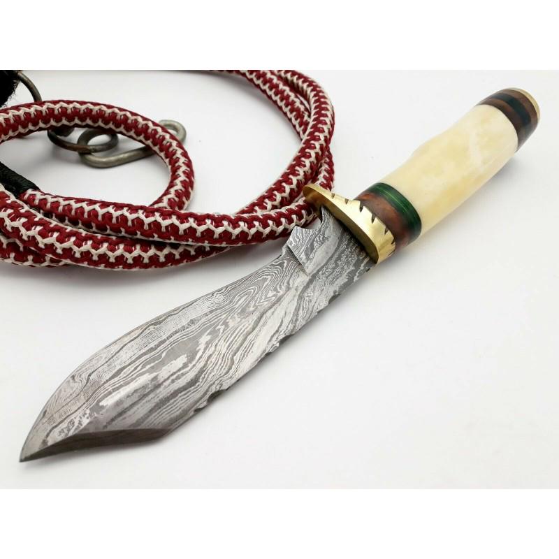 Handmade work damascus steel knife hunting bone: Knife "Benton" made of damask steel. Handle – bone and scabbard - genuine leather. Damascus knives are very durable, look great and keep sharpness perfectly. Damascus steel has high quality contents