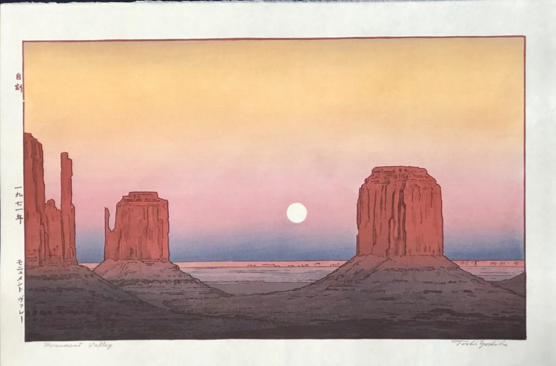 Toshi Yoshida - Monument Valley: Title: Toshi Yoshida - Monument Valley Date: Dated 1970 MEdium: Woodblock Print Size/Format: The print image measures 11 3/4 X 19 1/4 inches plus full margins Edition:Posthumous Printing Reserve: $500
