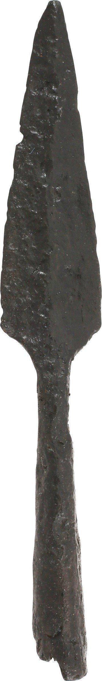 VIKING SOCKETED ARROWHEAD, 10TH CENTURY AD: Fine example. 4 1/8” length with tapered butted seam socket (small chips only). The point with raised medial both sides, of especially long tapered form for penetrating leather armor. Stable profess