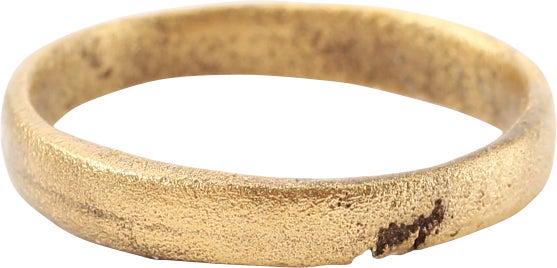 ANCIENT VIKING WEDDING RING SIZE 4 ¾: Late 9th-11th century AD. Gilt bronze, size 4 ¾ for the small finger as was the custom. 2.8mm width band with a low-rounded face and shallow medial groove or line. Vikings exchanged rings on the 
