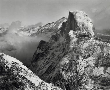 ANSEL ADAMS - Half Dome, Glacier Point, Yosemite, 1940: Artist: Ansel Adams Title: Half Dome, Winter, from Glacier Point, Yosemite National Park, California, 1940 Medium: Duotone Photo Litho, 1990, USA Dimensions: 11.05x9" Description: Heat Wax Mounted on