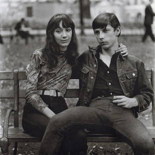 DIANE ARBUS - Young Couple on a Bench, NYC, 1965: Artist: Diane ArbusTitle: Young Couple on a Beach in Washington Square Park, NYC, 1965Medium: Photo Litho, 1972, USADimensions: 8.4x8.35"Description: Heat Wax Mounted on 11x14" Conservation