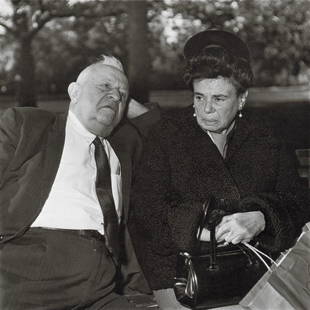 DIANE ARBUS - Elderly Couple, Park Bench, NYC, 1969: Artist: Diane ArbusTitle: Elderly Couple on a Park Bench, NYC, 1969Medium: Photo Litho, 1972, USADimensions: 8.3x8.3"Description: Heat Wax Mounted on 11x14" Conservation BoardArtist Bio: Diane