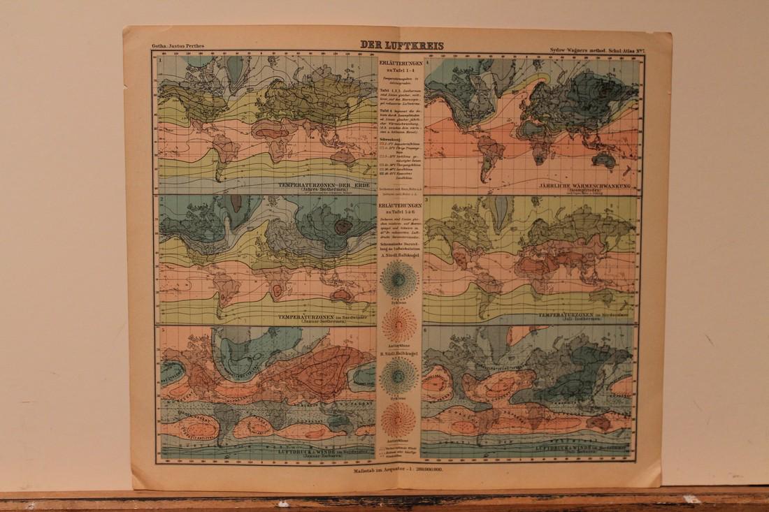 1913 World Temperature Map: Title: 1913 World Temperature Map Medium: Ink on Paper Dimensions: 14"X12" Description: Map dated 1913 engraved by Justus Perthes. Published by Sydow Wagners in Berlin and then Leipzig. Map captures t