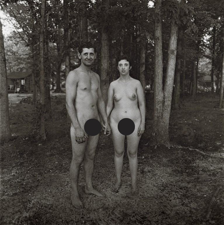 DIANE ARBUS - Husband, Wife at Nudist Camp, NJ, 1963: Artist: Diane Arbus Title: A Husband and Wife in the Woods at a Nudist Camp, NJ, 1963 Medium: Photo Litho, 1972, USA Size/Dimensions: 8.3x8.3" Additional Information: Heat Wax Mounted on 11x14" Conser