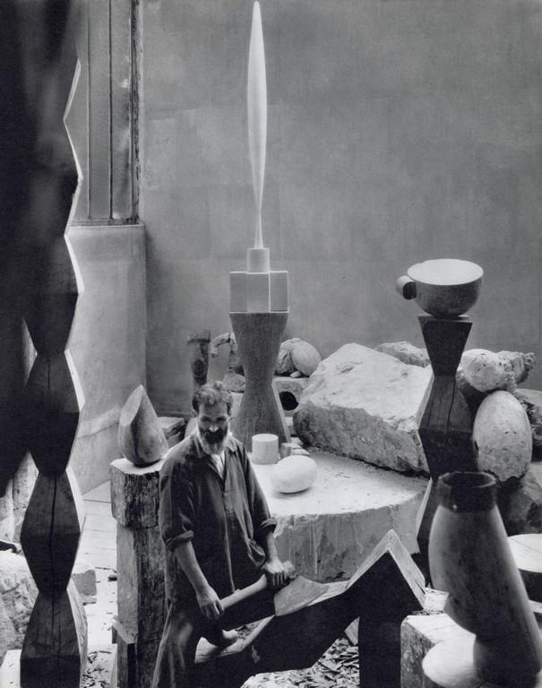 EDWARD STEICHEN - Brancusi in Studio, Paris, 1927: Artist: Edward Steichen Title: Brancusi in his studio, Paris, 1927 Medium: Sheet Fed Gravure, 1963, Switzerland Size/Dimensions: 7.85x9.95" Additional Information: Heat Wax Mounted on 11x14" Conservat