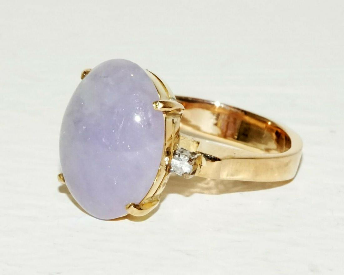 Vtg Chinese YG Ring Sz 4.25 Lavender Jade & 2 Diamonds: Up for sale from a recent client in Honolulu Hawaii, this Vintage Chinese unmarked yellow gold (tested 14k) ring in a size 4.25 that was prong set with 1x lavender jade oval cabochon (approx. 14mm x 1