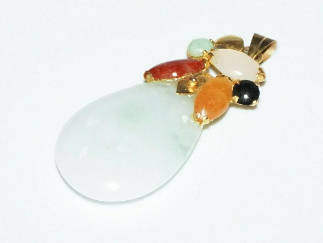 Vintage Chinese 14k YG & Multicolor Jade Drop Pendant: Up for sale from a recent estate in Honolulu Hawaii, this Vintage Chinese 14k yellow gold pendant that is set with a mostly white drop or pear shaped Jadeite Jade (approx. 25mm x 15mm x 6mm) and is fu