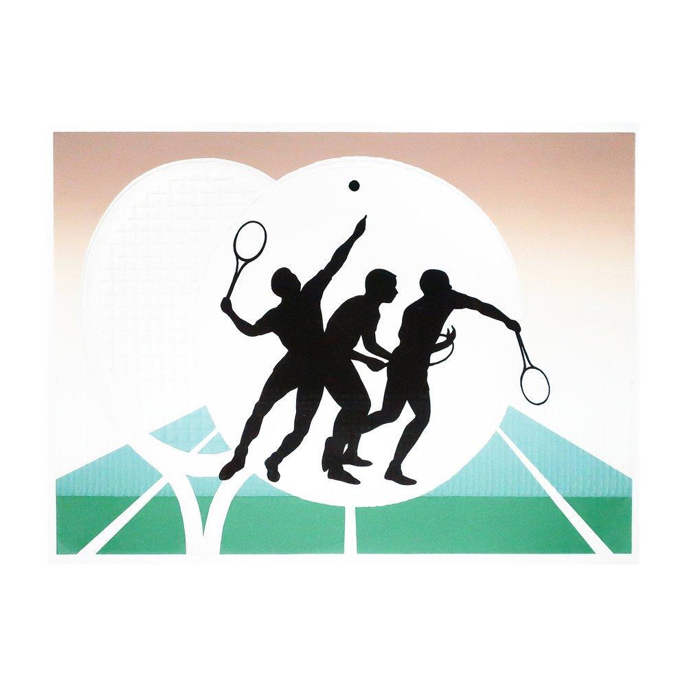 Vintage Embossed Tennis Serigraph: A mid-cenutry modern serigraph depicting a silhouetted tennis player against an embossed tennis net, racquet and ball. Amazing gift for any tennis fan! The paper is 21.5" x 27.75" and the image is 16.