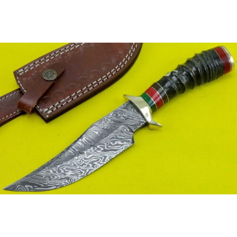 Handmade damascus steel knife camping ram horn brass (1 of 5)