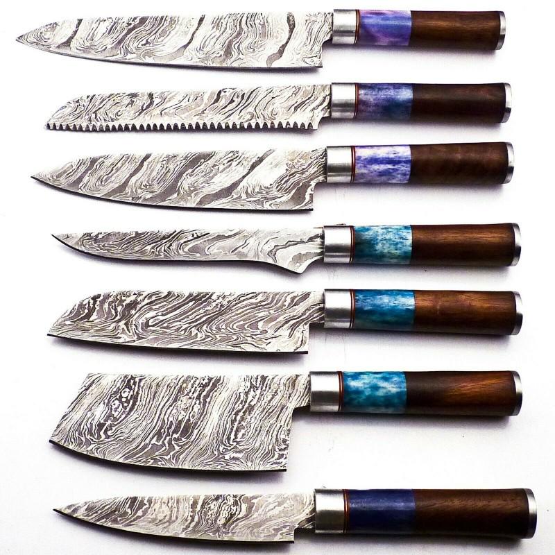 Set of 7 kitchen chef damascus steel knives wood bone: Set of 7 Knives "Sabalan" Blade - damask steel Handle – wood, bone Scabbard - included Blade hardness – 55-58 HRC Total length – 279-356 mm. Blade length - 152- 229 mm. Handle length – 127 mm 
