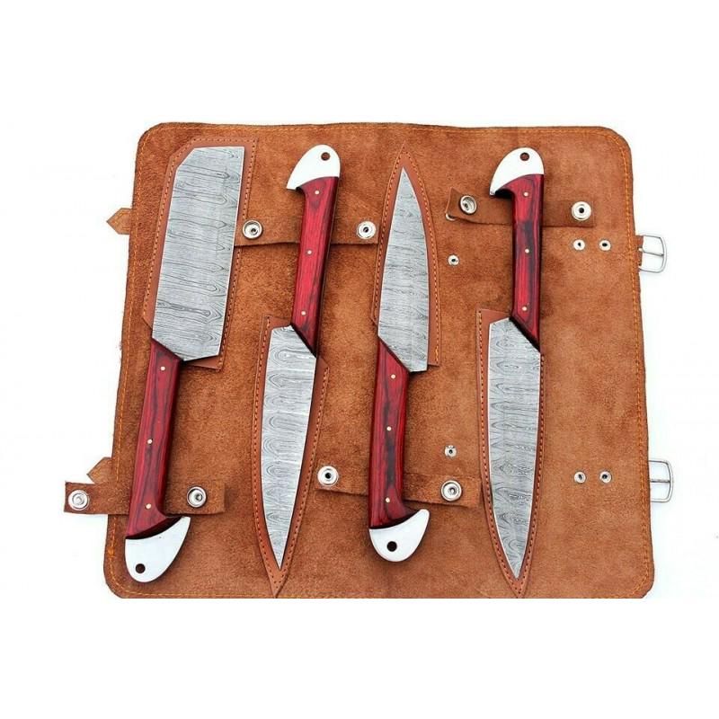 Set of 4 chef kitchen damascus steel knife butcher wood (1 of 7)
