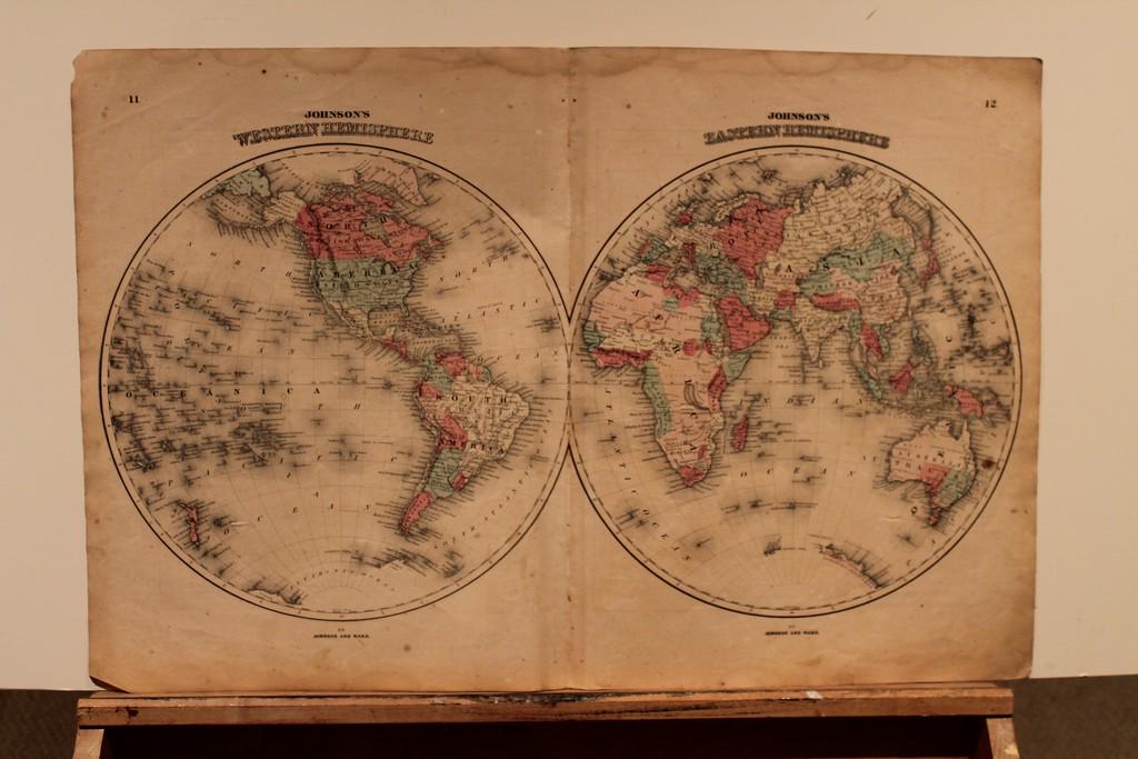 1859 World Hemispherical Map: Author: Johnson Title: 1859 World Hemispherical Map Medium: Ink on Paper Dimensions: 27.5"X18" Hemispherical world map by Johnson dated 1859. Engraved by Johnson and published by Johnson and Ward in N