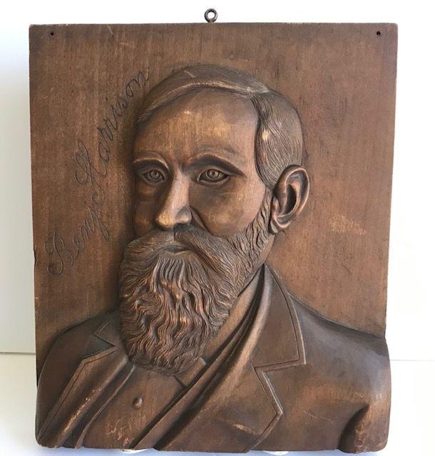 Carving of President Benjamin Harrison. (1 of 2)