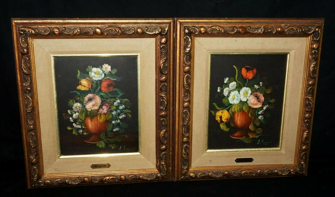 Pair Vintage Italy Painting Floral Still Live Ruggeri (1 of 10)