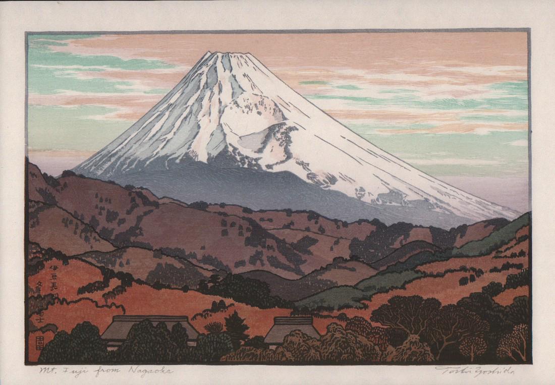 Toshi Yoshida - Mt Fuji From Nagaoka (Blue Sky): Title: Toshi Yoshida - Mt Fuji From Nagaoka (Blue Sky) Date/Period: 1962 Size: Print image measures 10 x 14 1/2 inches plus margins Medium: Woodblock print - later printing Reserve: $200.00 Shipping: