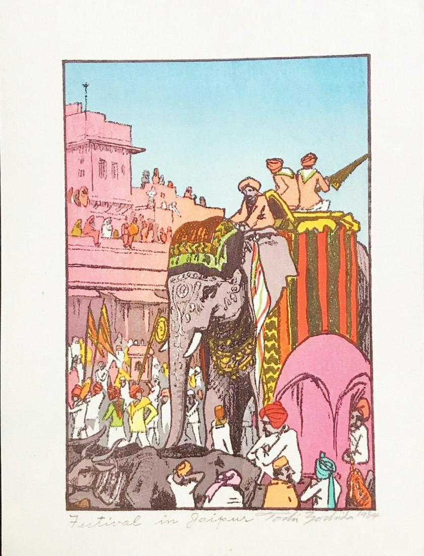 Toshi Yoshida - Festival In Jaipur: Title: Toshi Yoshida - Festival In Jaipur Date/Period: 1984 Size: Print image measures 4 3/4 x 7 inches plus margins Medium: Woodblock print - later printing Reserve: $160.00 Shipping: Domestic: Flat-