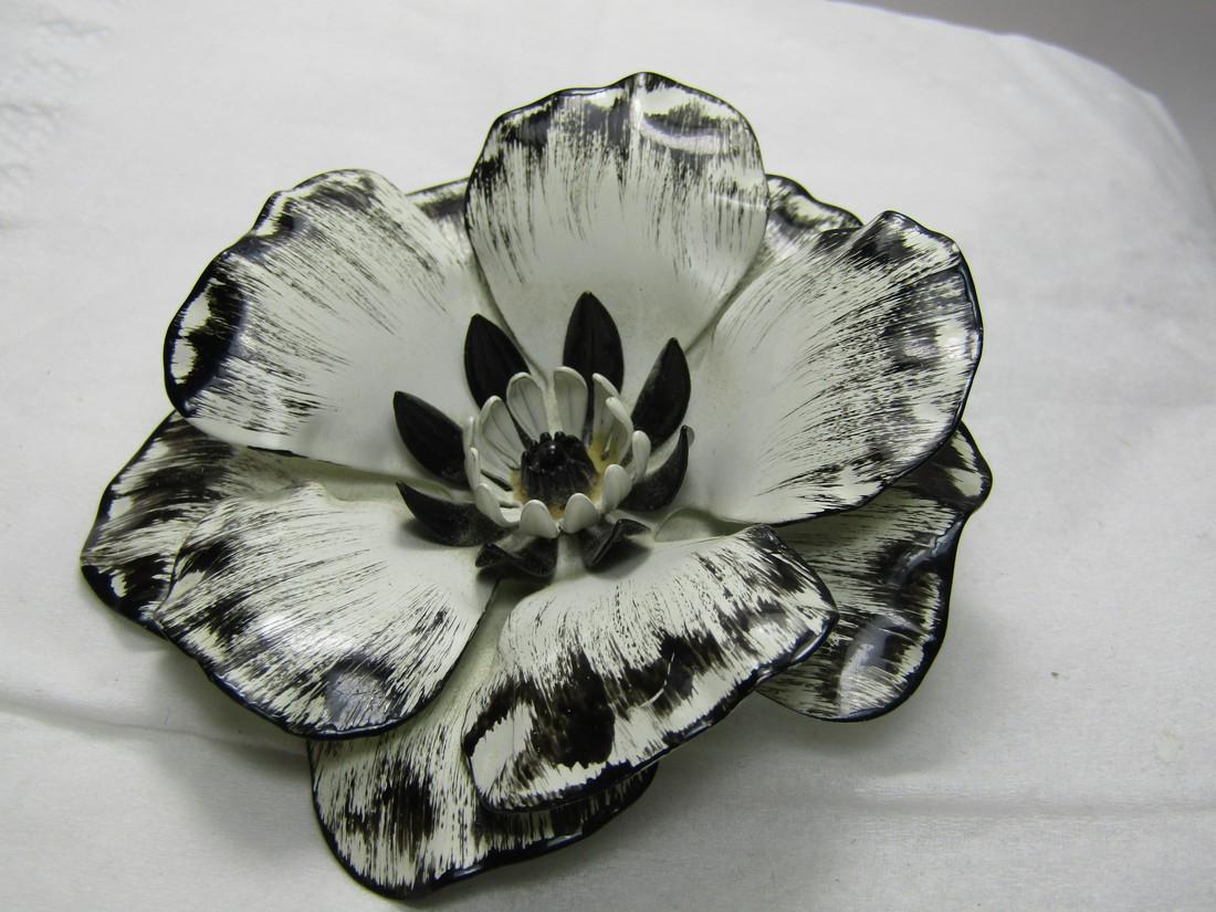 Vintage Black & White Enameled Blossom Brooch, 1960's,: Vintage Black & White Enameled Blossom Brooch, 1960's, 2.5", two layers of curved petals that are white and feathered in black accents on the tips with a center recessed area with a cup of white petal