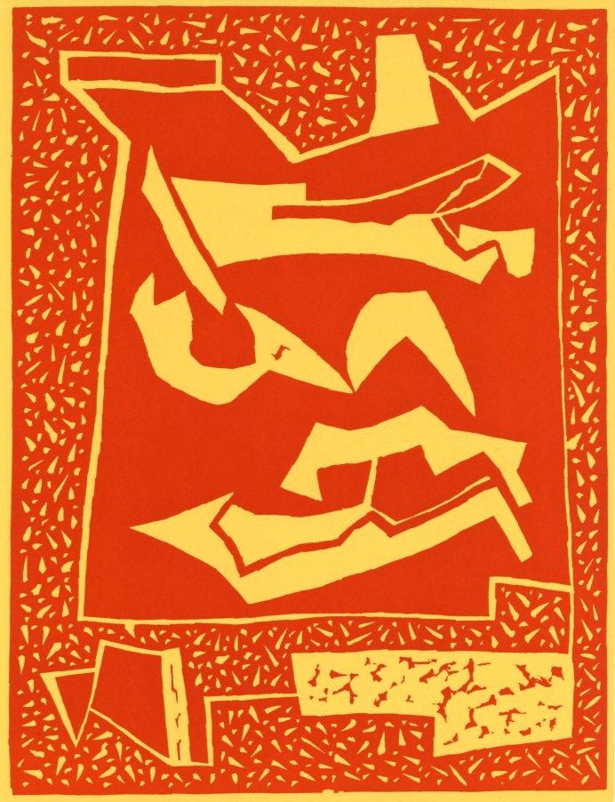Alberto Magnelli linocut (1959 edition): Medium: linoleum cut (after the original). Printed in 1959 on yellow wove paper for the Christmas issue of XXe Siecle (No. 13). Published in Paris by San Lazzaro, the same one who published the origin