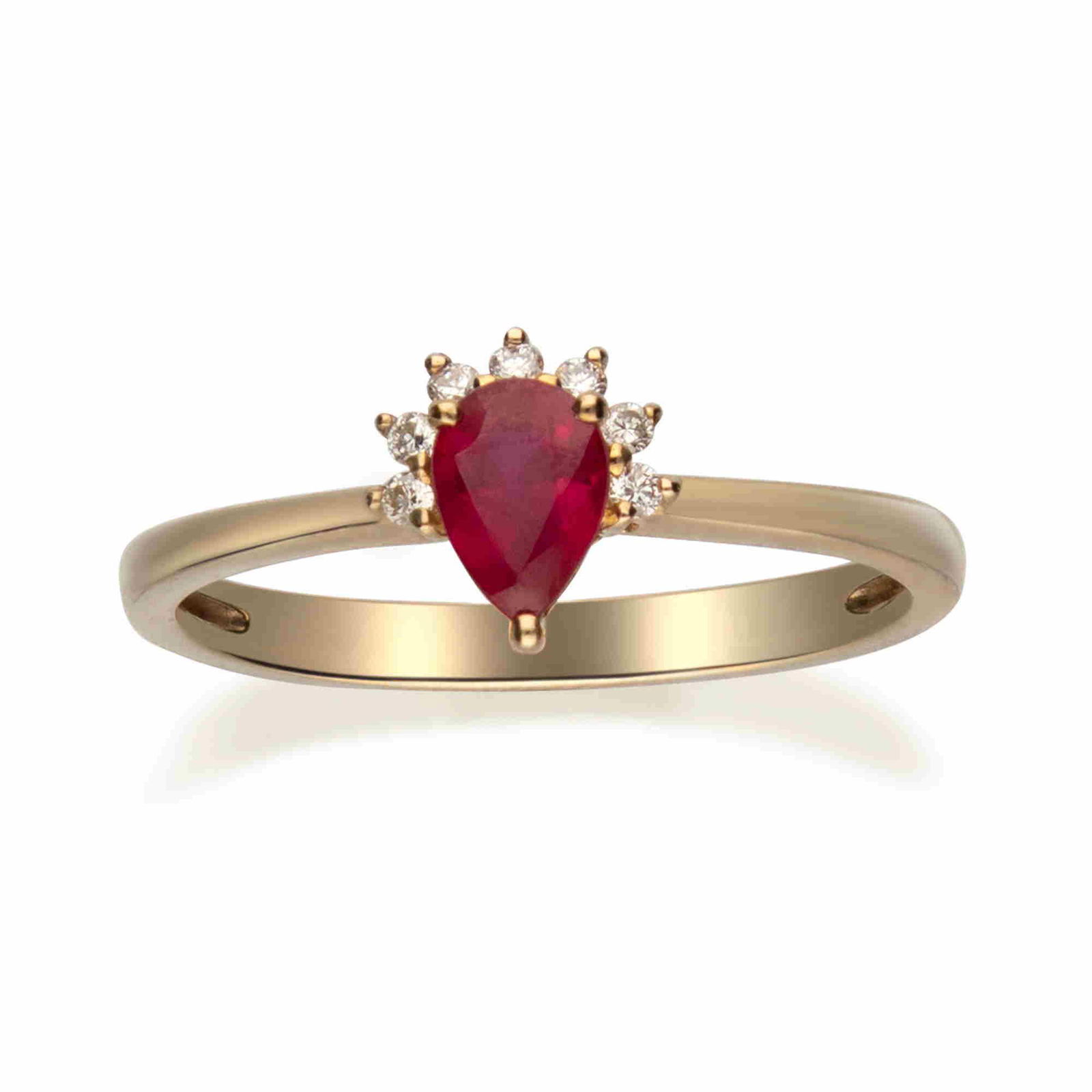 10K Yellow Gold Ruby & Diamond Ring: Title: 10K Yellow Gold Ruby & Diamond Ring Ring Size: 6,7,8 Metal Purity: 10K Yellow Gold Metal Weight: 1.55 Gemstones: Ruby Carat Weights: 0.45 Size/Dimensions: 5X7 Additional Information: Pear Diamo
