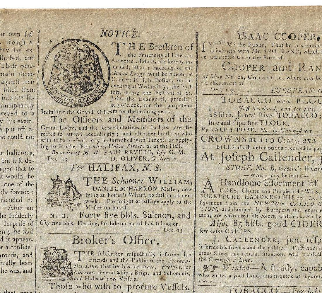 1797 Boston Newspaper Paul Revere Masonic Notice: The December 23, 1797 issue of the "Columbian Centinel", printed at Boston by Benjamin Russell, four pages complete. Advertisements and notices including one signed in type by Paul Revere as the Grand