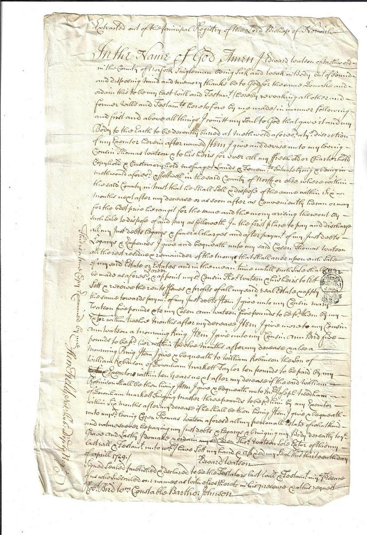 1760 English Ledger and Will (1 of 3)