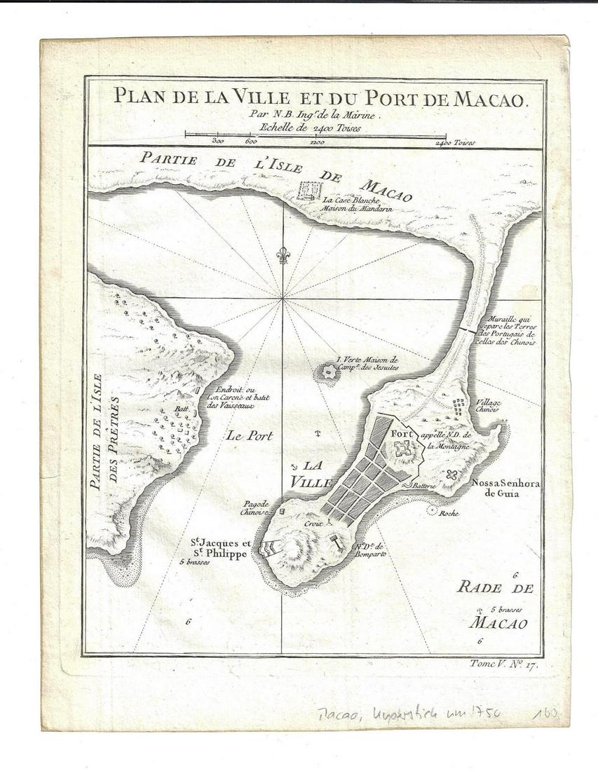 1748 Plan Isle of Macau China: Circa 1748 Plan De La Ville Et Du port De Macao by Jacques Bellin. Printed at Paris. Fine condition, measures 7.5 x 10". Reserve: $80.00 Shipping: Domestic: Flat-rate of $6.00 to anywhere within the c