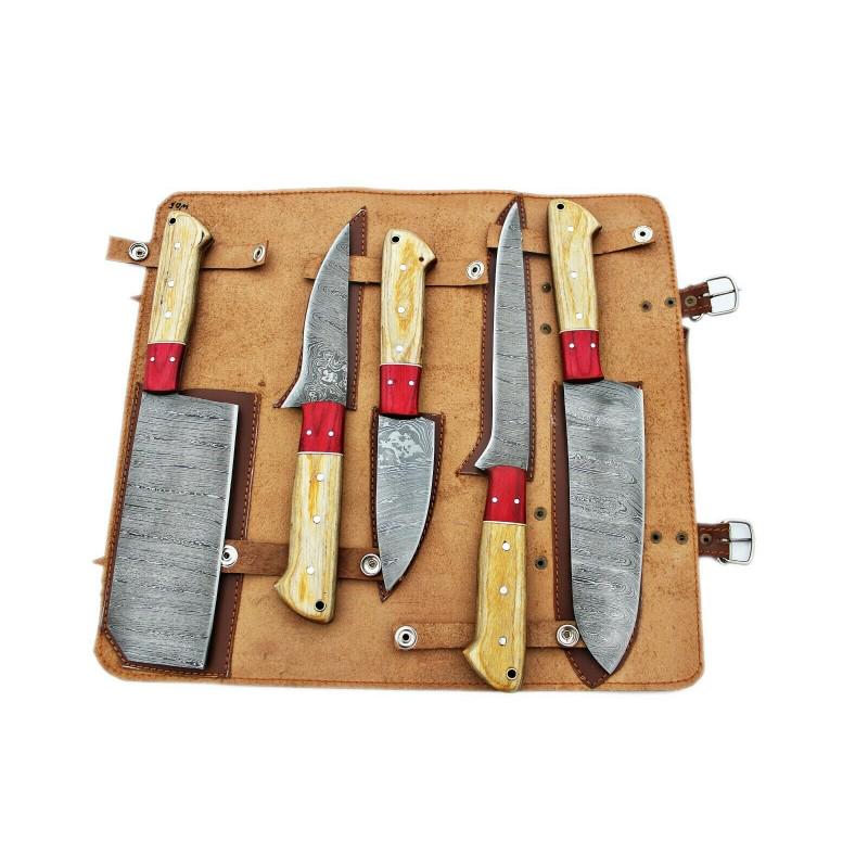 Set of 5 chef kitchen damascus steel knife butcher wood (1 of 7)