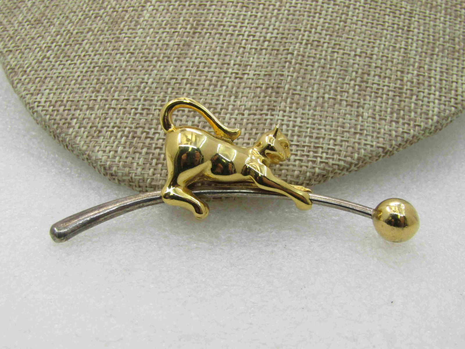 Vintage Slide Playing Cat Brooch, 3" by 1", Two-Tone (1 of 6)