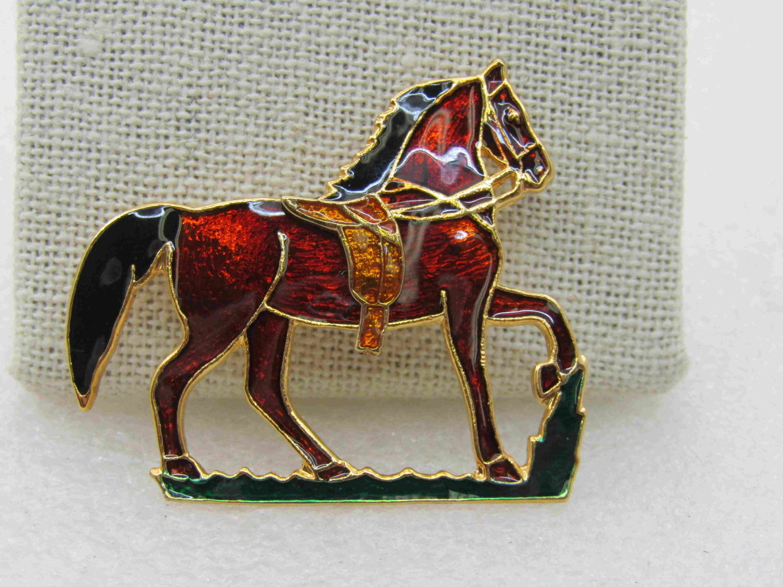 Vintage Cloisonne Horse Brooch, Gold Tone, 1.75" (1 of 5)