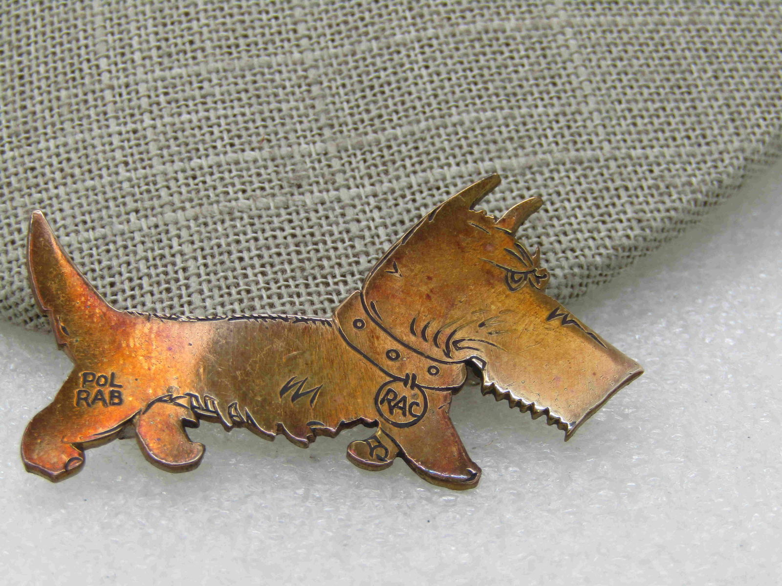 Vintage French Pol RaB Copper Terrier Brooch, RAC, (1 of 7)