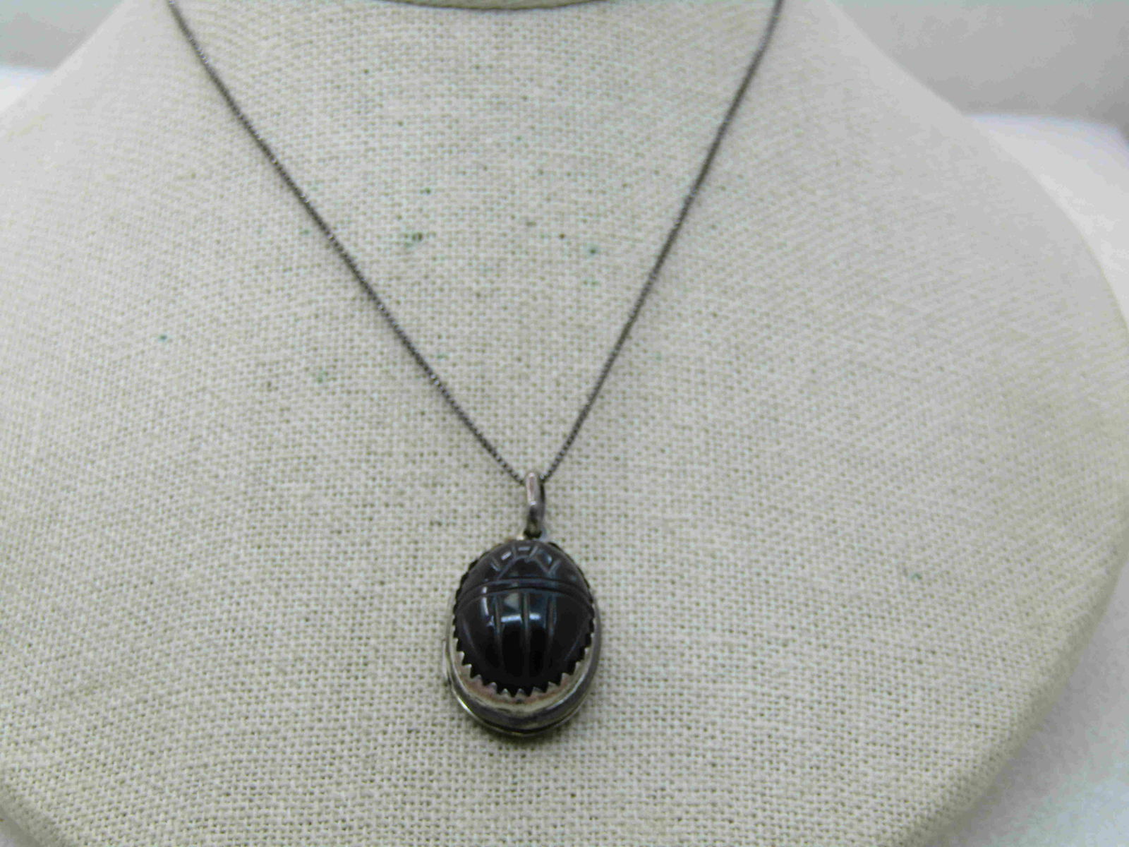 Vintage Onyx Scarab Locket Necklace, 20" Box Chain (1 of 6)