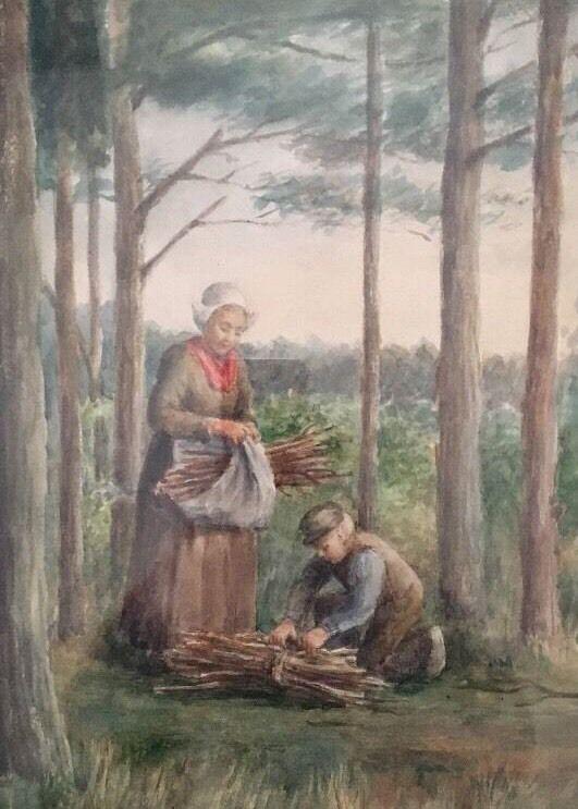 Amy Cross Original Watercolor Gathering Wood 1856 - (1 of 12)