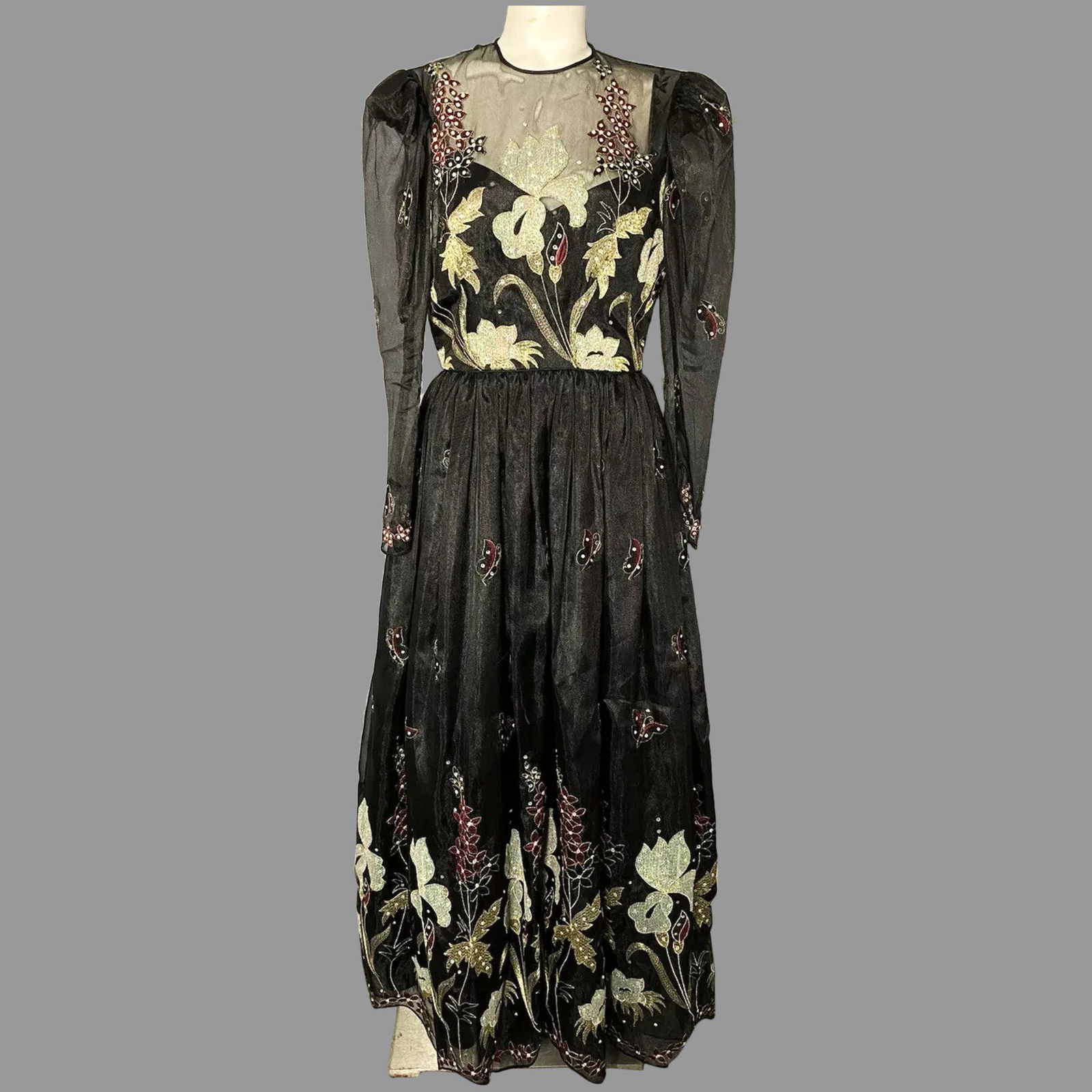 Vtg Rose Taft Couture Maxi Gown Sous Tache Floral