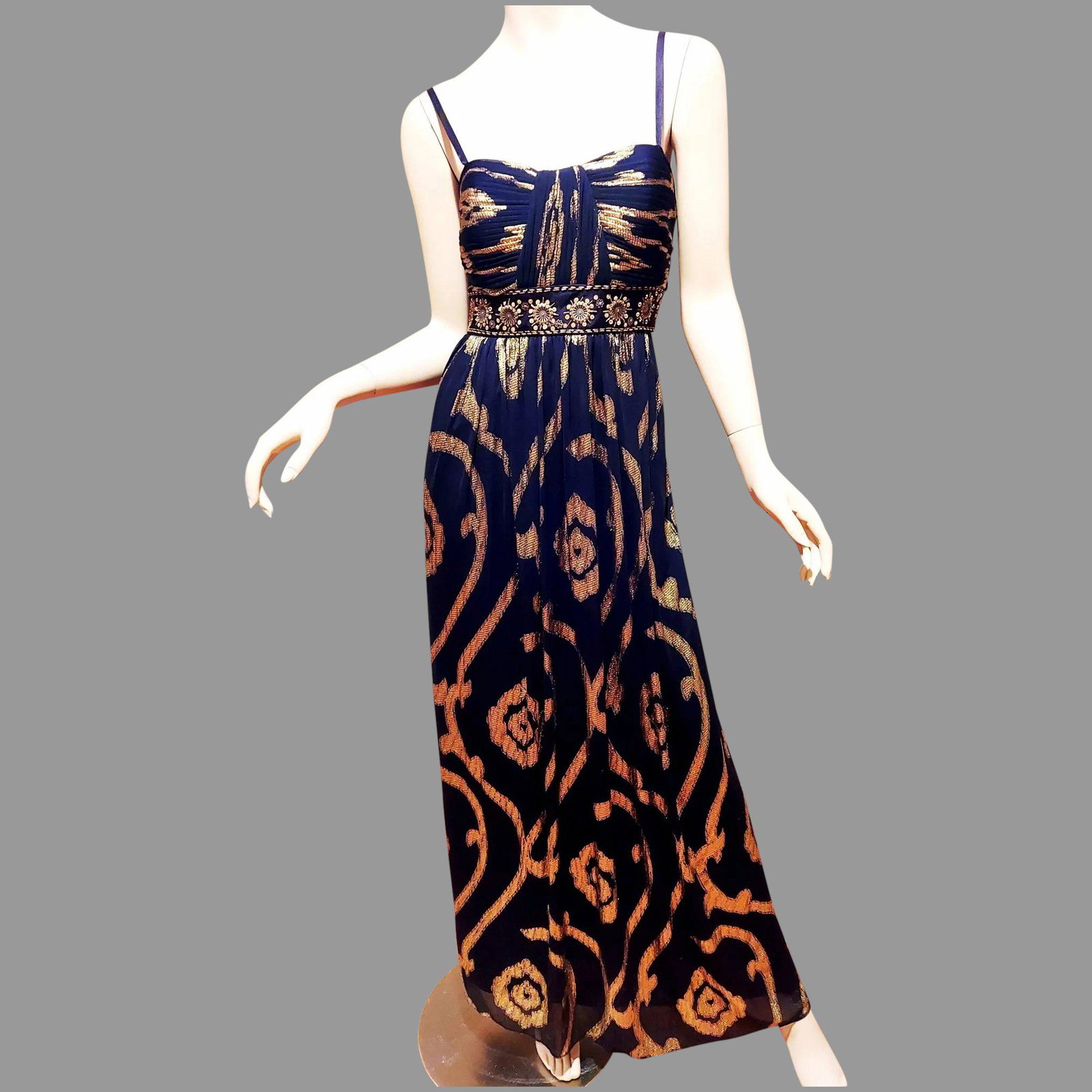 Vtg Oleg Cassini Gold Metallic Bandeau Formal Gown 4/6: This is a Stunning Gown by Famous Oleg Cassini in a Bandeau Style Metallic Black/Gold Fluid and a Stunner Empire style with an amazing work of Gold Beads A Stunning Gown and in very good vintage condi