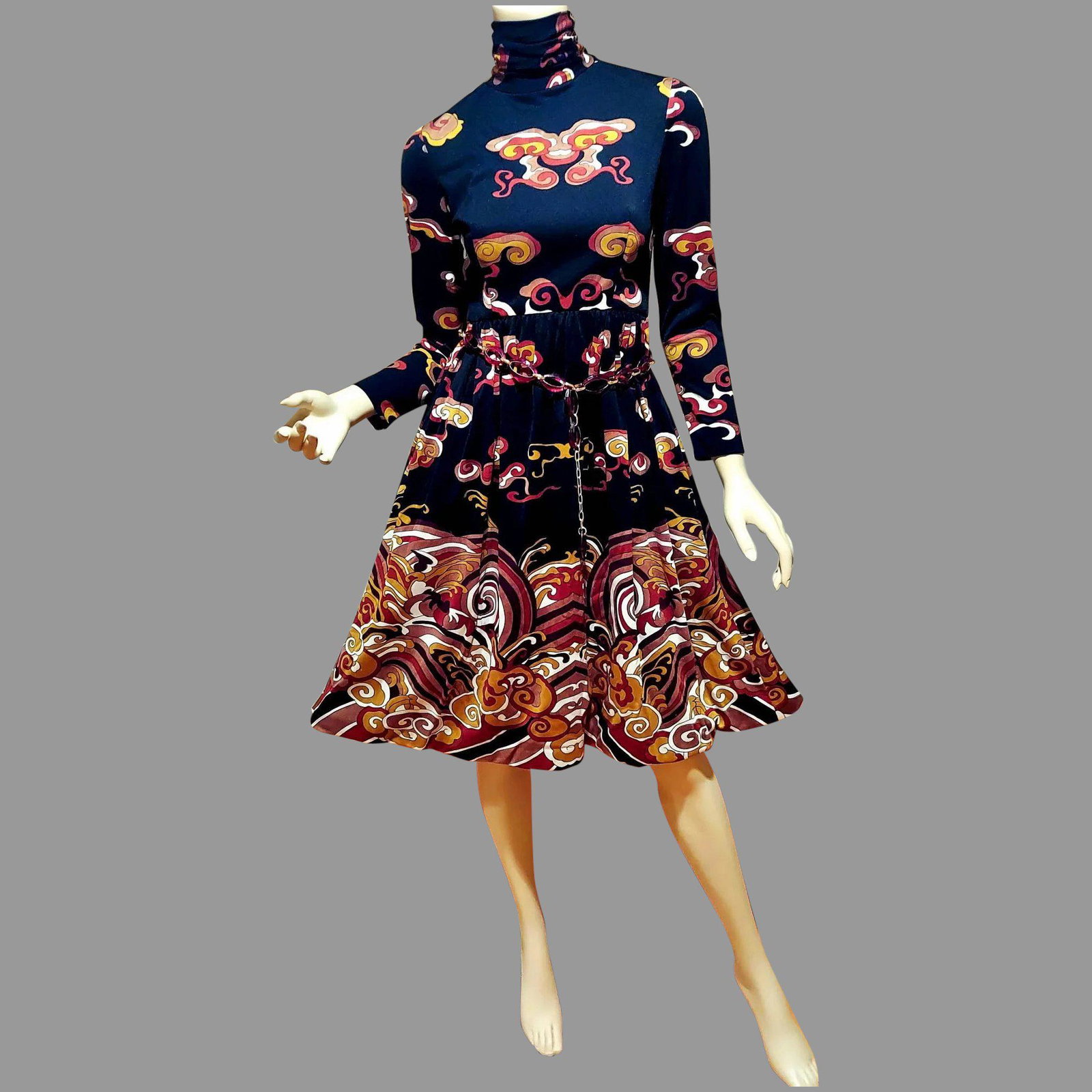 Vtg 1960's Teal Traina Hand Printed A Line Dress: Amazing Teal Traina A Line Dress Circa 1960's Hand Printed Swirl Design sort of Pucciesque Look Was purchased from Neiman Marcus at the Time. I have added a Bakelite loop Belt just for Photos but not 
