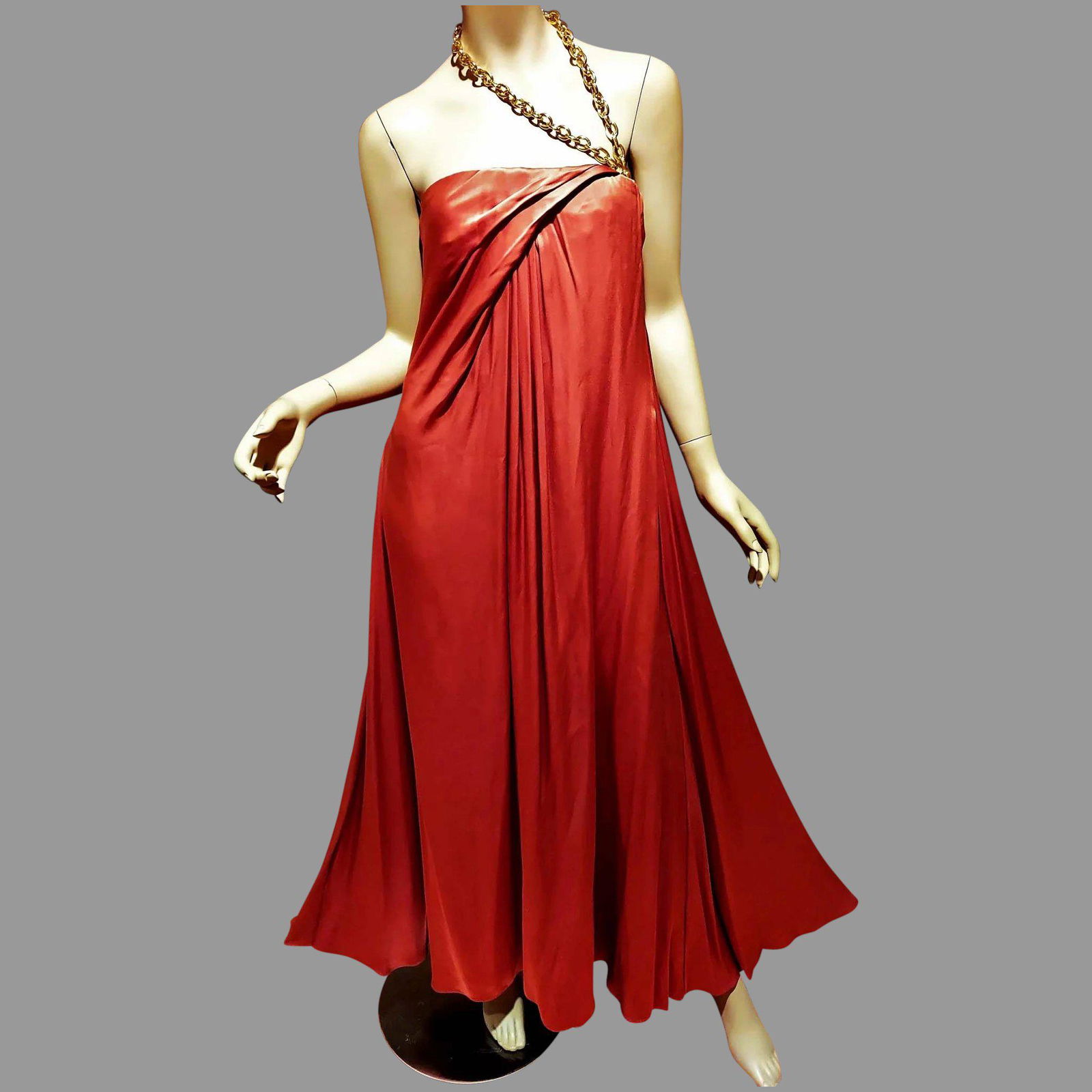 Vtg Halston Couture Brick Grecian Strapless gown Gold: This is a rare Magnificent Circa late 1970's Halston Couture Grecian Gown . Asymmetric strapless with added a Gold tone Chain for the Hold at neckline. A bustier was Added inside Bodice probably later