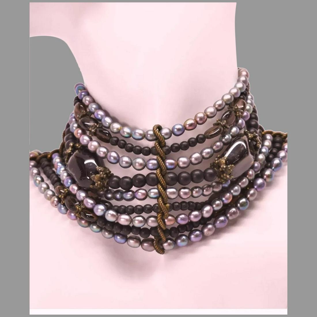 Vintage Maya Evangelista Statement Choker Necklace: Artfully done by Designer Maya Evangelista. early 1980's This Necklace choker is an eclectic mix of Onyx black stone , Iridescent drop chain. gray blue pearls. and AK Amber Glass beads that makes stat