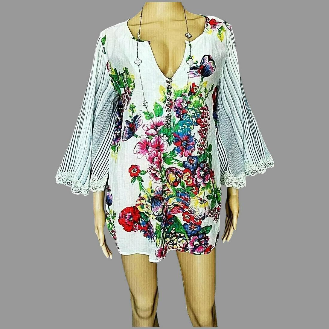 Vtg sheer lace Floral blouse/tunic button front bat (1 of 4)