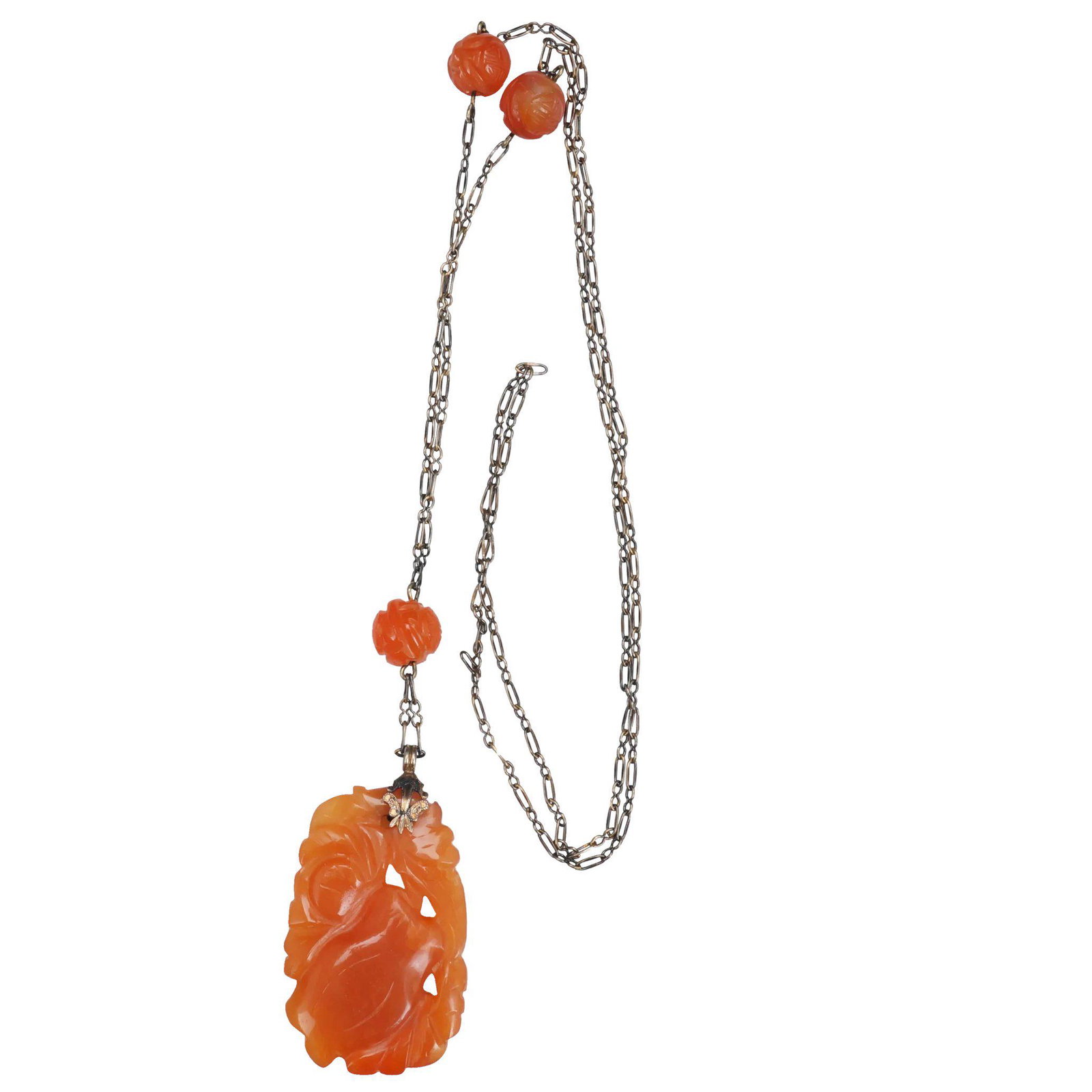 Chinese Republic Carved Carnelian Necklace c 1920: Title: Chinese Republic Carved Carnelian Necklace c 1920 Size: Hangs 16” (40.6 cm). Pendant measures 1 ¾” (4.4 cm) long x 1 1/8” (2.9 cm) wide x 5/16” (.8 cm) thick. Description: A fine linke