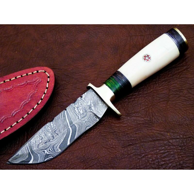Bowie everyday carry hunting damascus steel knife bone: Knife "Riandahy" made of damask steel. Handle – camel bone, brass and scabbard - genuine leather. Damascus knives are very durable, look great and keep sharpness perfectly. Damascus steel has high q