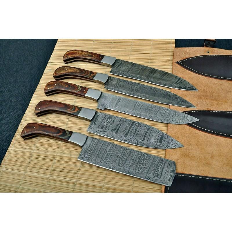 Set of 5 kitchen chef damascus steel knives wood brass: Set of 5 Knives "Sabalan" Blade - damask steel Handle Â– wood, brass Scabbard - included Blade hardness Â– 55-58 HRC Total length Â– 330-380 mm. Blade length - 254 mm. Handle length Â– 127