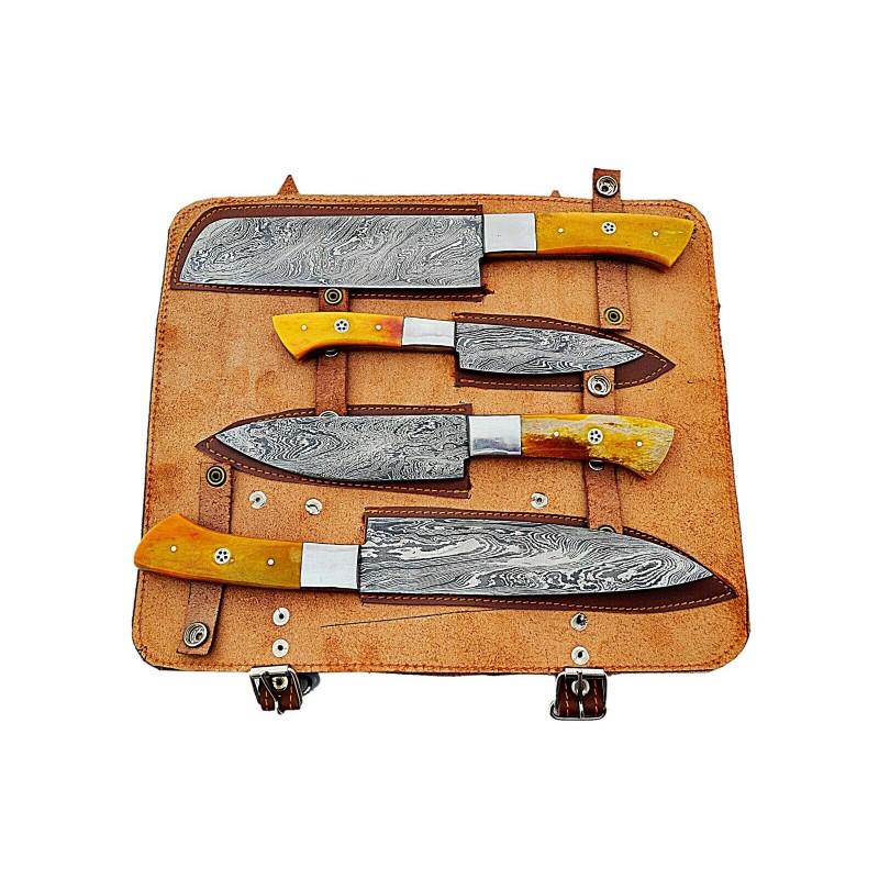 4 psc SET kitchen chef damascus steel knife handmade: 4 psc SET kitchen chef knives "Cohasset" • Blade - damask steel • Handle – bone • Scabbard – leather (included) • Blade hardness – 55-60 HRC • Total length – 222-305 mm. • Blade le